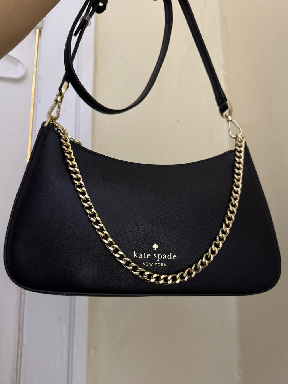 kate spade Black Leather Shoulder Bag with Gold Chain